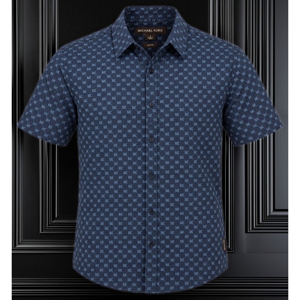 Michael Kors MK Monogram Button Up Shirt Men's S Slim Fit Navy Short Sleeve